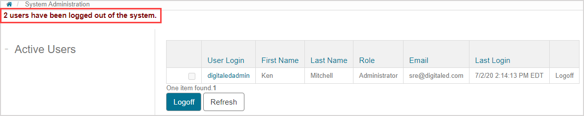 Table on Active Users page with message "2 users have been logged out of the system".